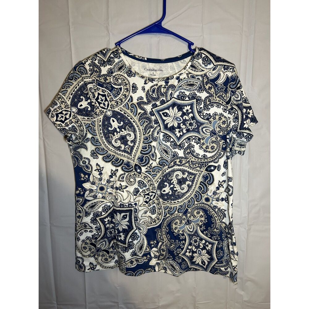 Croft & Barrow Paisley Top L Womens Large Short Sleeve Cotton Blue Boho Mandala